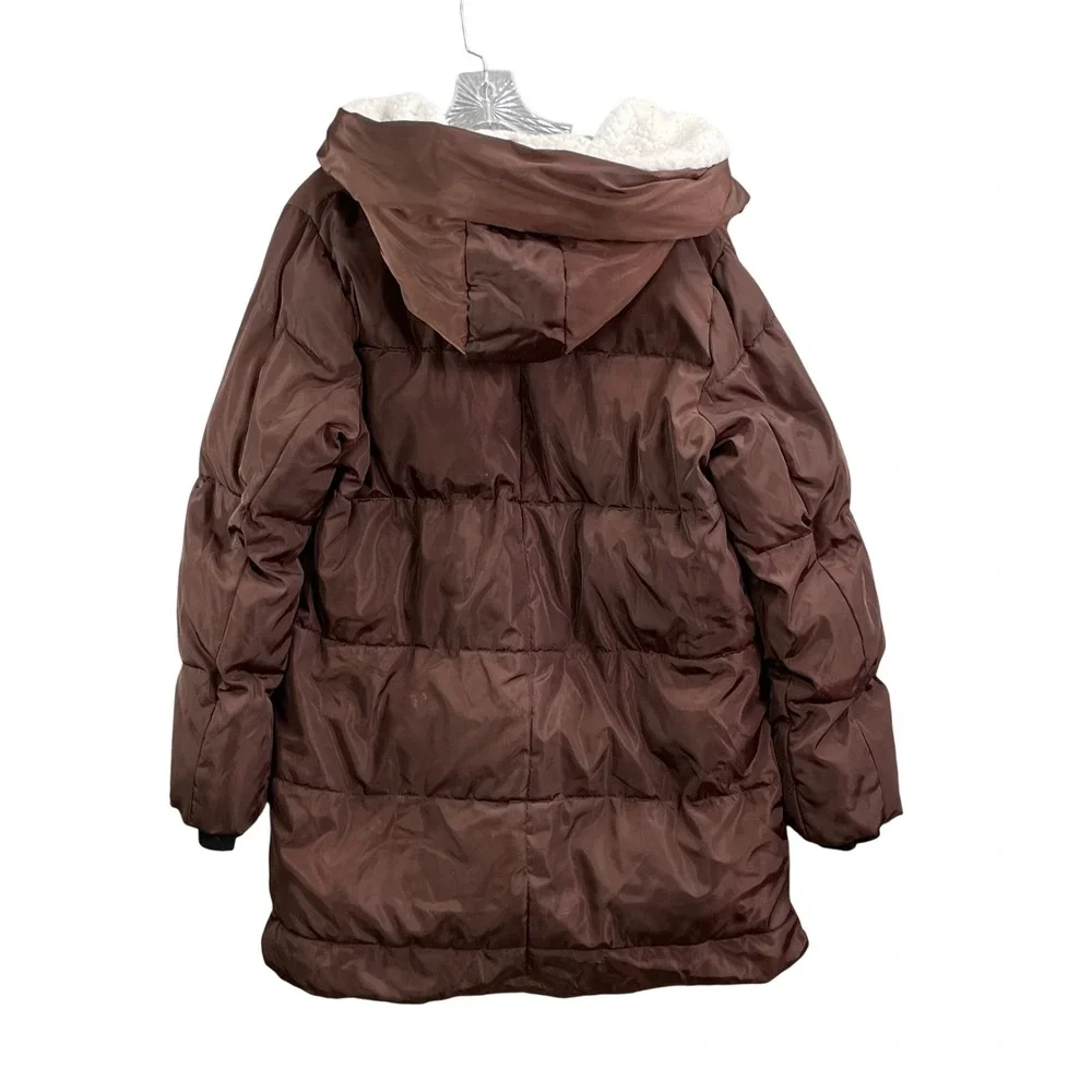Steve Madden Puffer Jacket Womens Large Brown Hooded Faux Fur Lined Coat Travel